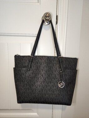 Michael Kors Jet Set Travel Tote Black MK Signature Large Shoulder Bag